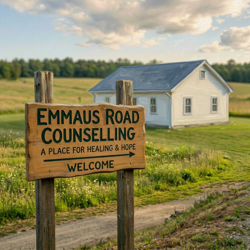 Wooden sign reading Emmaus Road Counselling with a stone building and forested mountains behind